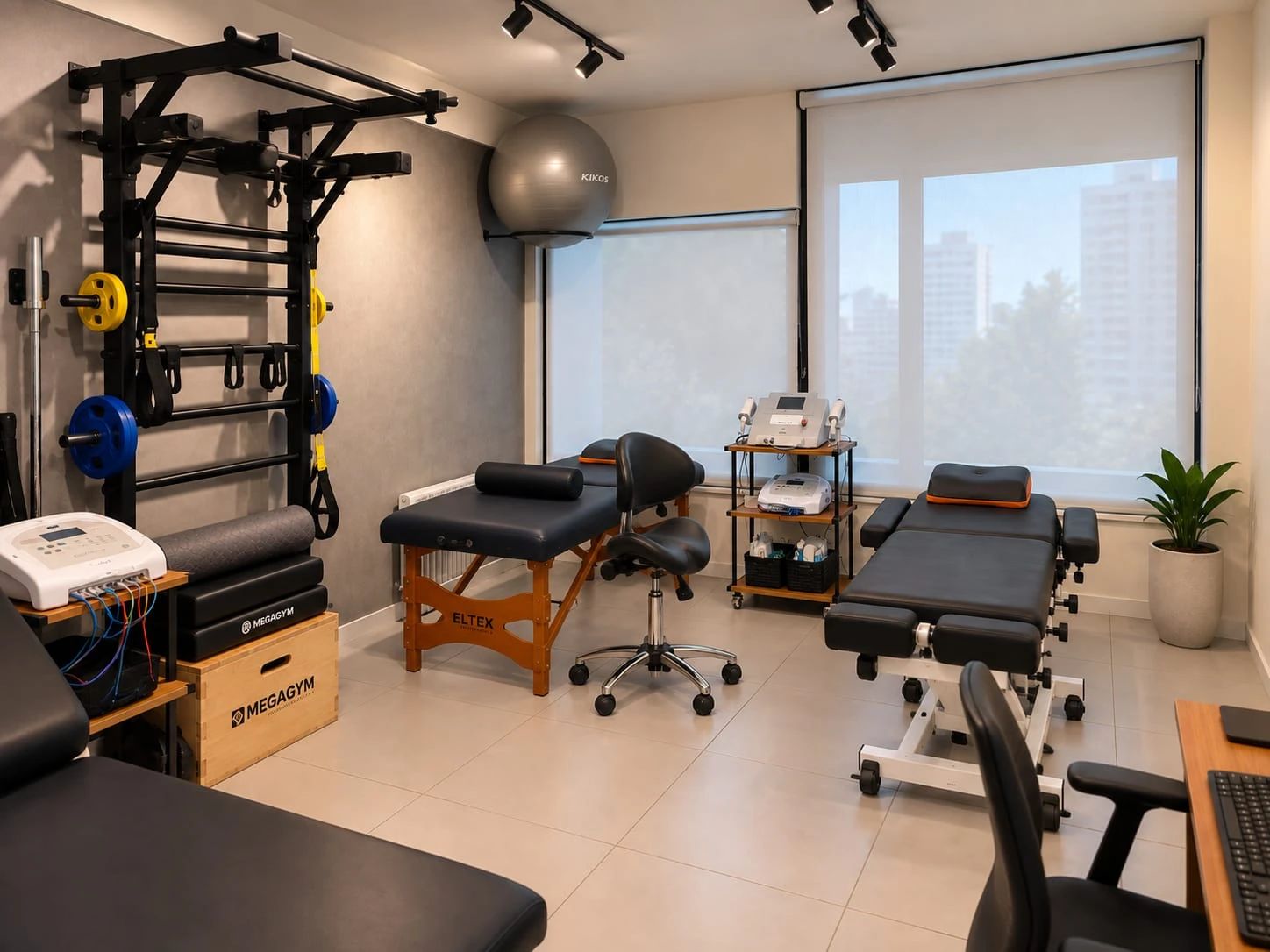 Sala de atendimento da OsteoStudio, com espaldar e pesos, macas e aparelhos de fisioterapia